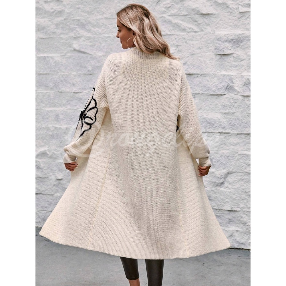 Off White Long Duster Cardigan Knit Black Flower Appliqué - Picture 4 of 10